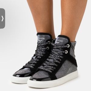 Zadig&Voltaire High Flash sneakers - Black leather and silver glittery fabric